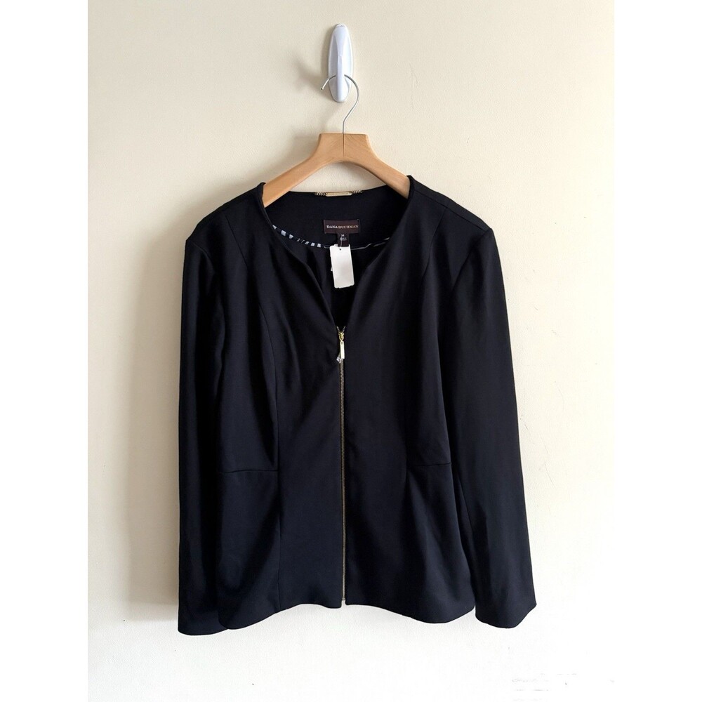 Dana Buchman Womens Jacket Black Full Zip Front Stretch Lined Notch Neck‎ 14 NEW